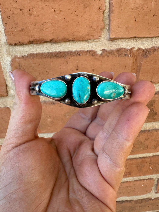 Beautiful Navajo Turquoise & Sterling Silver 3 Stone Cuff Bracelet Signed Kathleen G