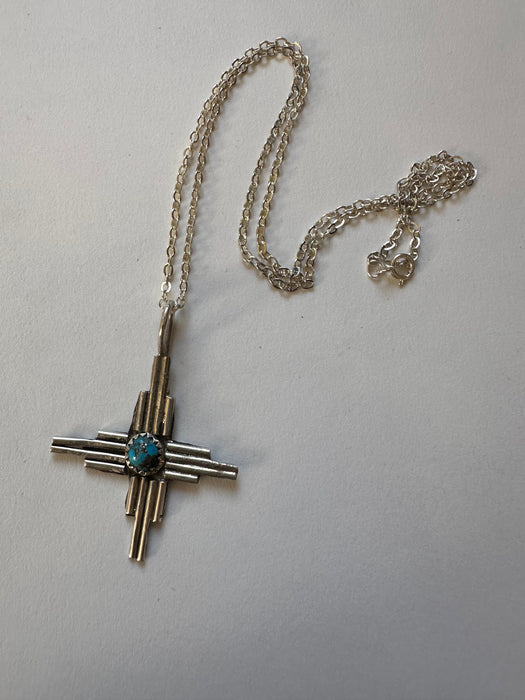OLD PAWN Navajo Turquoise & Sterling Silver Cross Necklace