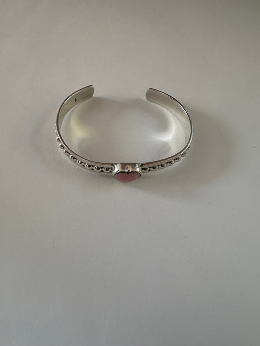 Handmade Sterling Silver & Pink Conch Adjustable Heart Cuff Bracelet