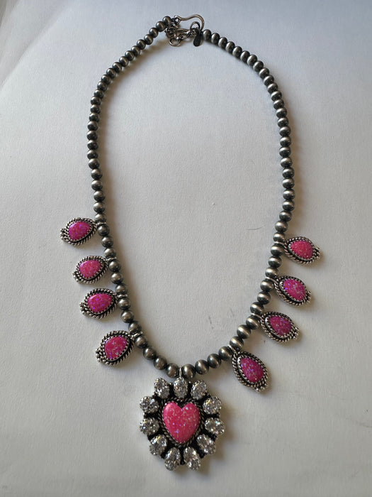Handmade Barbie Pink Fire Opal, CZ & Sterling Silver Necklace
