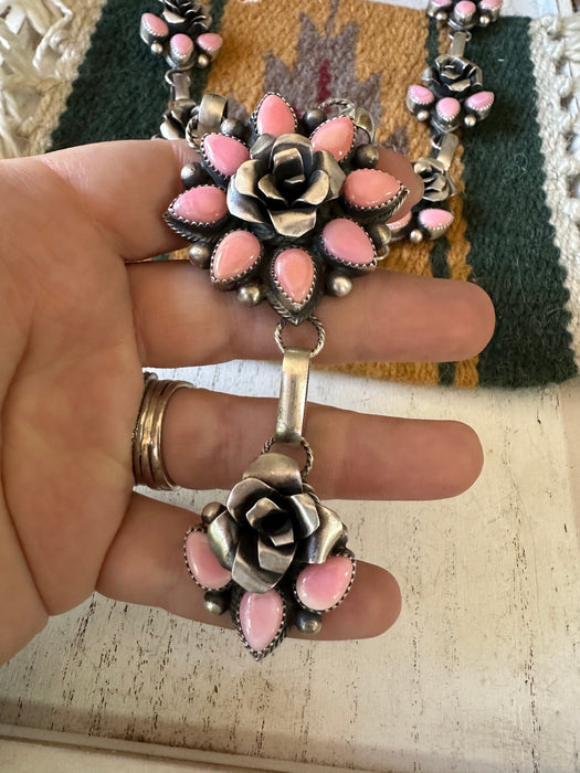 Navajo Queen Pink Conch Shell And Sterling Silver Flower Necklace Signed