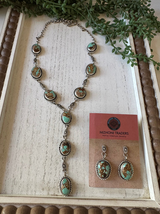 Navajo Turquoise And Sterling Silver Lariat Necklace Earrings Set Signed B Lee