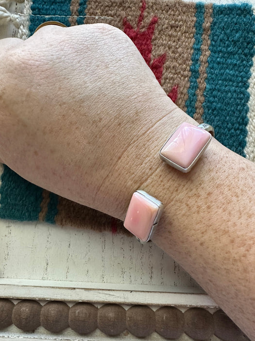 Navajo Queen Pink Conch Shell & Sterling Silver Double Stone Cuff Bracelet