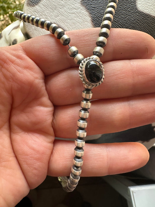 Navajo Onyx & Sterling Silver Lariat Necklace Signed