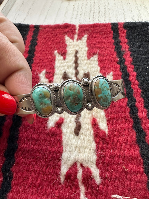 Navajo Turquoise & Sterling Silver 3 Stone Adjustable Cuff Bracelet Signed S Cooke