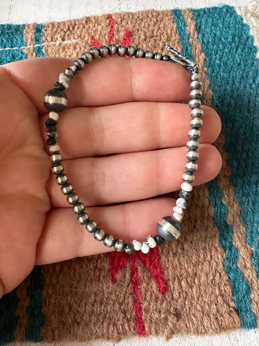 Navajo White Buffalo & Sterling Silver Pearl Beaded Bracelet