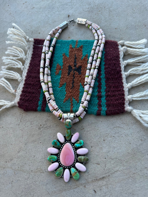 P Yazzie Navajo Sterling Silver, Pink Conch & Turquoise Beaded Necklace With Pendant Signed - Culture Kraze Marketplace.com