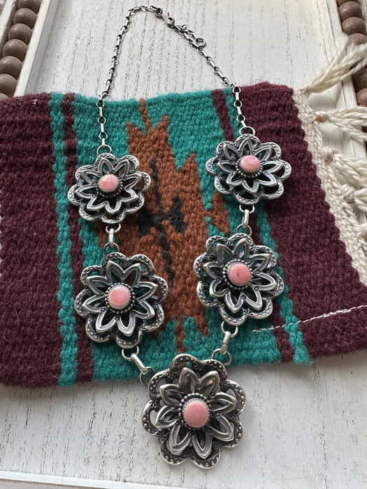 Navajo Queen Pink Conch & Sterling Silver Flower Necklace Earrings Set Signed Kevin Billah