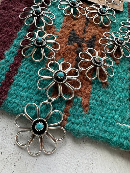 Navajo Sterling Silver & Turquoise Flower Necklace Earring Set