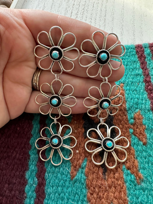 Navajo Sterling Silver & Turquoise Flower Necklace Earring Set