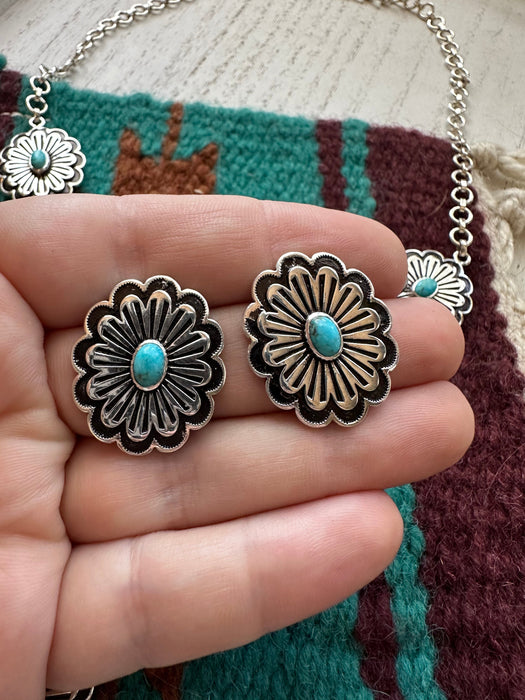 “Hanging Flower” Handmade Sterling Silver & Turquoise Necklace Set