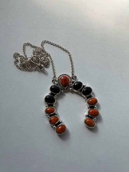 HALLOWEEN COLLECTION Nizhoni Black Onyx, Orange Mojave & Sterling Silver Naja Necklace