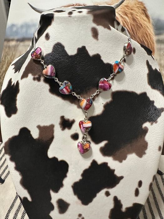 Handmade Sterling Silver & Pink Dream Necklace & Earrings Heart Set Signed Nizhoni