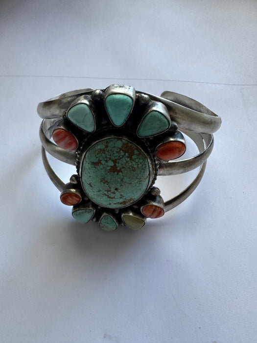 Navajo Turquoise & Spiny Sterling Silver Bracelet Cuff Signed Sheila