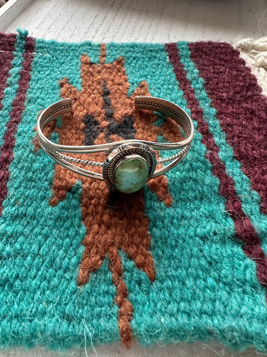 Navajo Carico Lake Turquoise And Sterling Silver Single Stone Adjustable Cuff Bracelet Signed