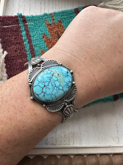 Navajo Kingman Web Turquoise And Sterling Silver Single Stone Cuff Bracelet Signed S.Tso