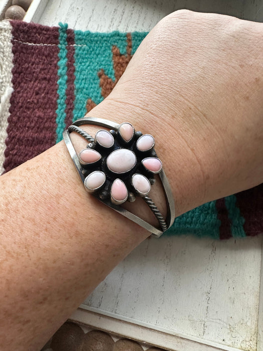 Navajo Pink Conch & Sterling Silver Flower Cuff Bracelet Signed
