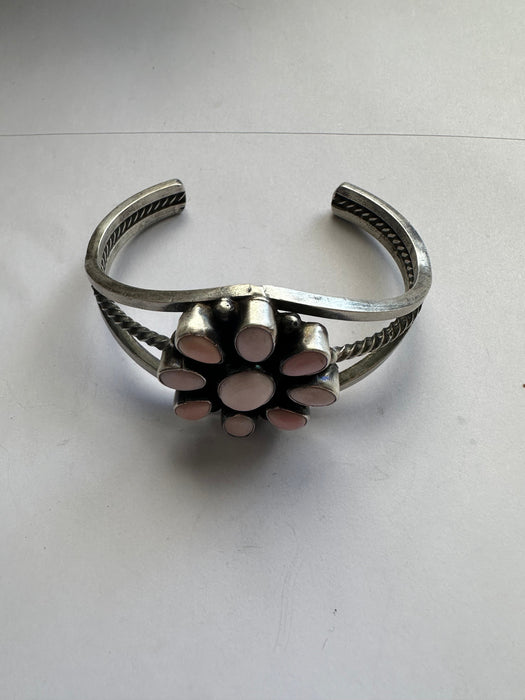 Navajo Pink Conch & Sterling Silver Flower Cuff Bracelet Signed