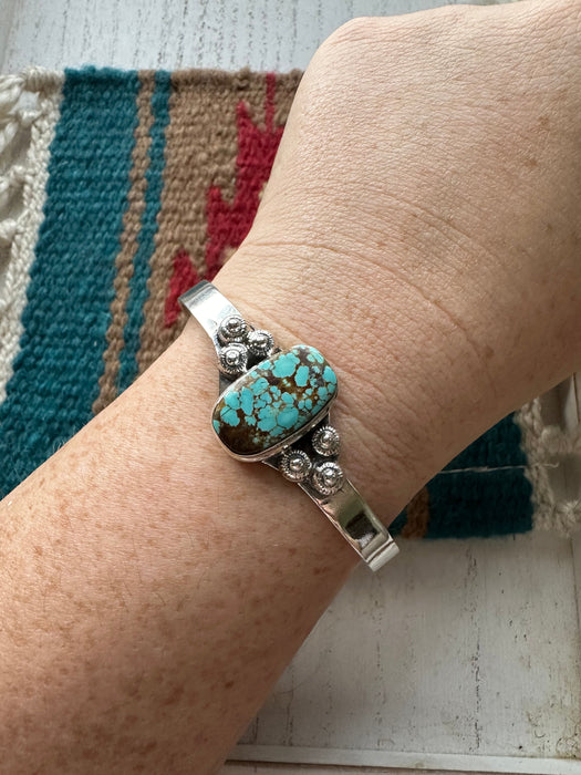 Handmade Sterling Silver & Single Stone Number 8 Turquoise Adjustable Cuff Bracelet