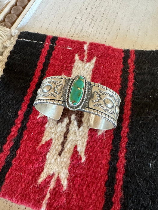 Jeff James Navajo Turquoise & Sterling Silver Handmade Sterling Cuff Signed
