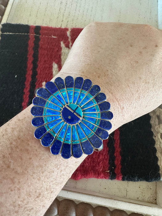 Navajo Handmade Sterling, Lapis & Blue Opal Inlay Cuff Bracelet Signed
