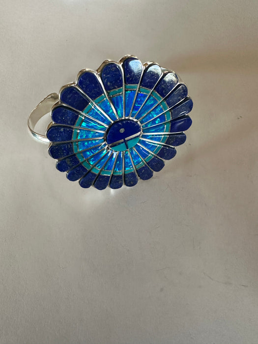 Navajo Handmade Sterling, Lapis & Blue Opal Inlay Cuff Bracelet Signed