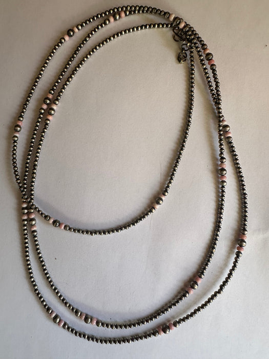 Handmade Sterling Silver 3mm Pink Conch Beaded Necklace 60”