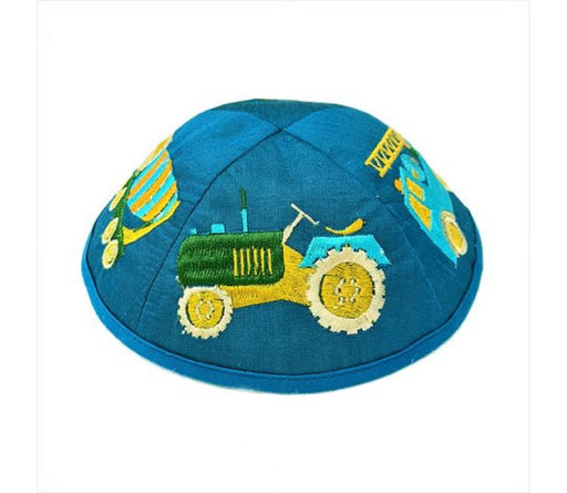 Boy's Embroidered Colored Trucks on Blue Kippah - Culture Kraze Marketplace.com