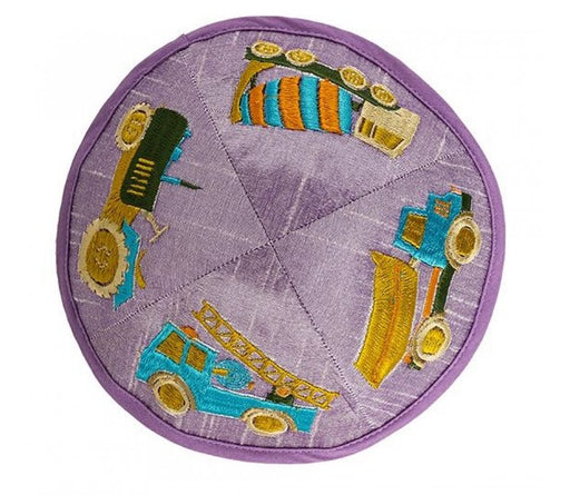 Embroidered Kippah-Colorful Trucks on Lilac for Boys - Culture Kraze Marketplace.com