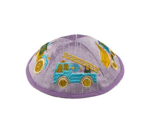 Embroidered Kippah-Colorful Trucks on Lilac for Boys - Culture Kraze Marketplace.com