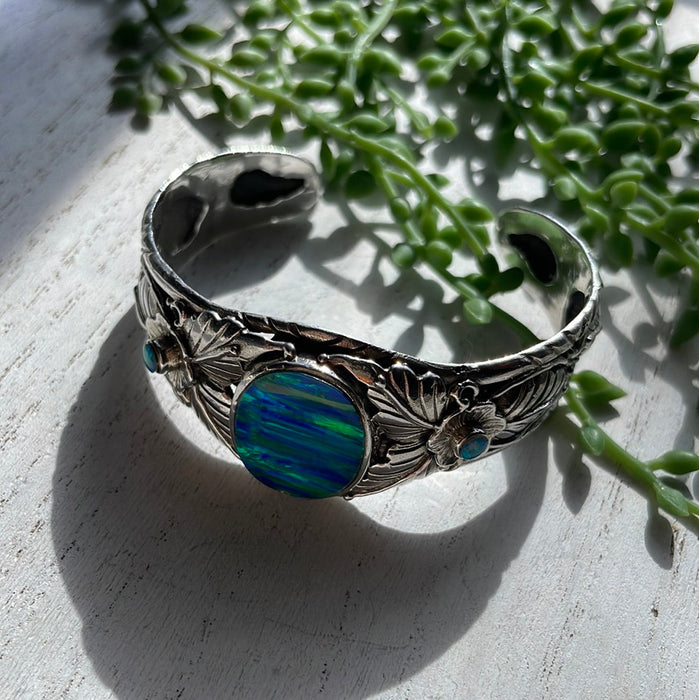 “The Fire Opal Cuff” Sterling Silver Fire Blue Opal Cuff Bracelet