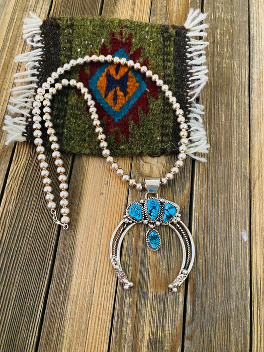 Navajo Sterling Silver & Kingman Turquoise Beaded Naja Necklace - Culture Kraze Marketplace.com