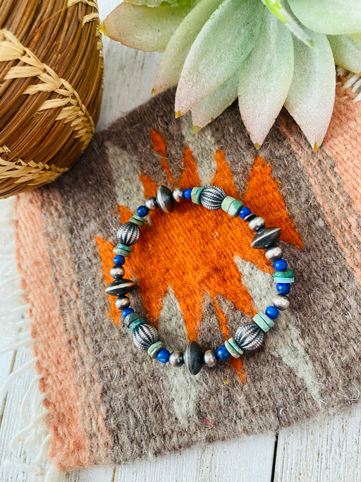 Handmade Turquoise, Lapis & Sterling Silver Beaded Stretch Bracelet - Culture Kraze Marketplace.com