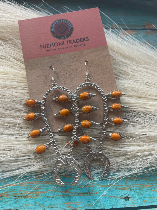 Navajo Sterling Silver & Orange Spiny Squash Blossom Dangle Earrings Signed