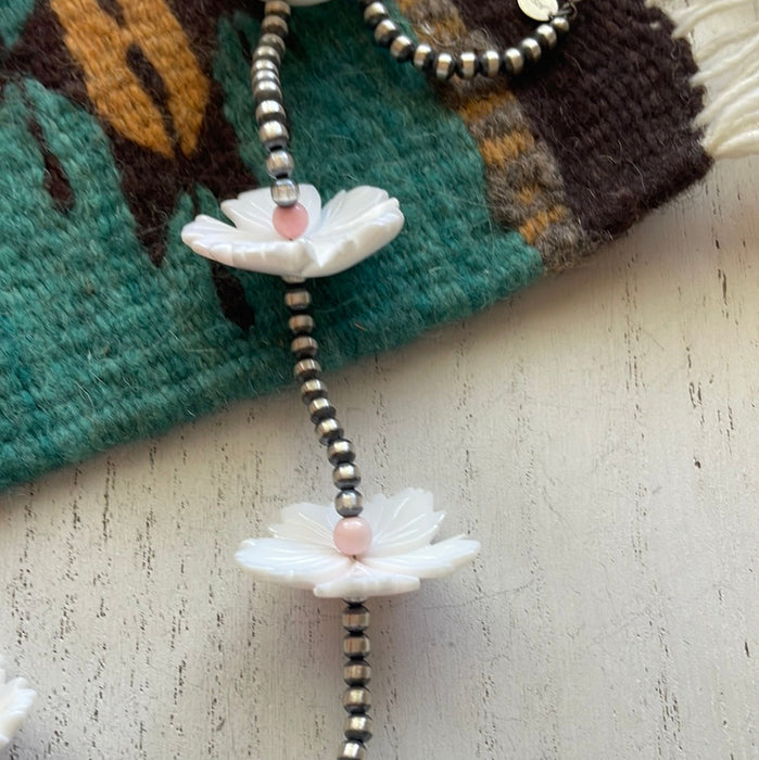 Navajo Pink Conch & Sterling Silver Flower Beaded Necklace 48” - Culture Kraze Marketplace.com