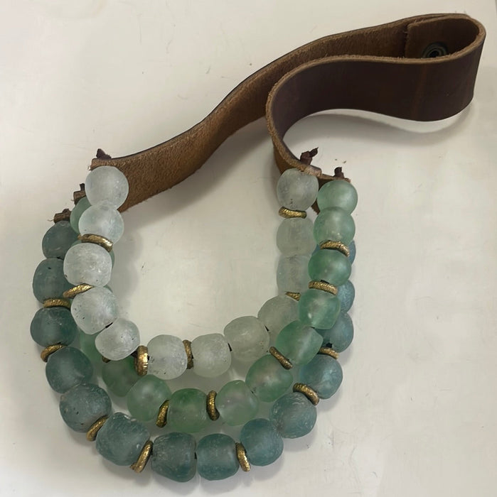 Handmade Recycled Glass 3 Strand Green Beaded Necklace