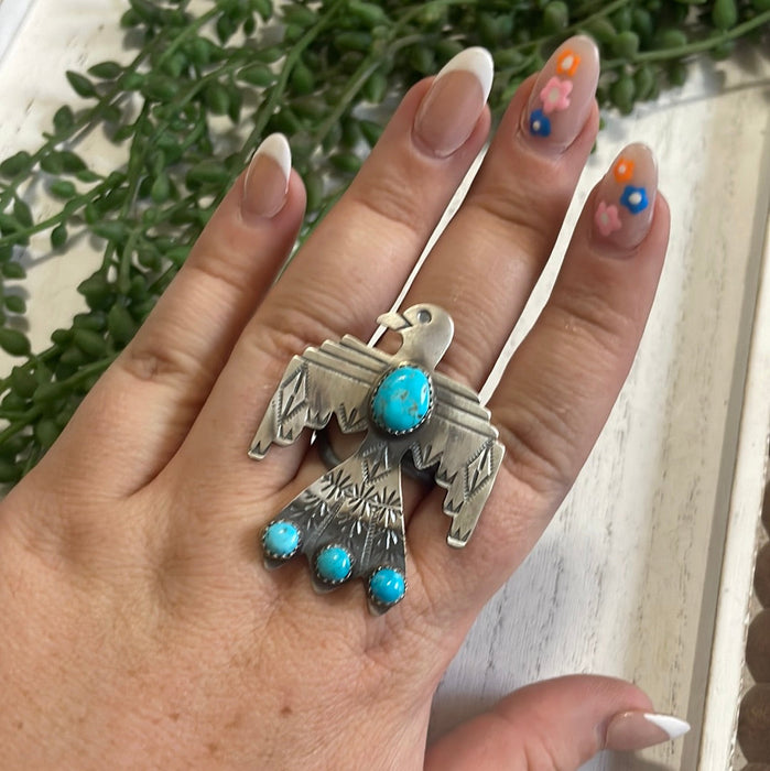 Navajo Thunderbird Sterling Silver & Turquoise Adjustable Ring Signed - Culture Kraze Marketplace.com