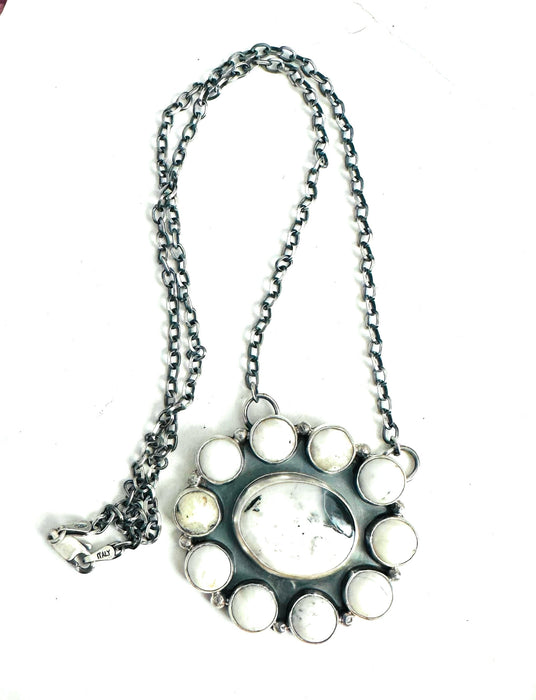 Navajo Sterling Silver & White Buffalo Cluster Necklace Signed