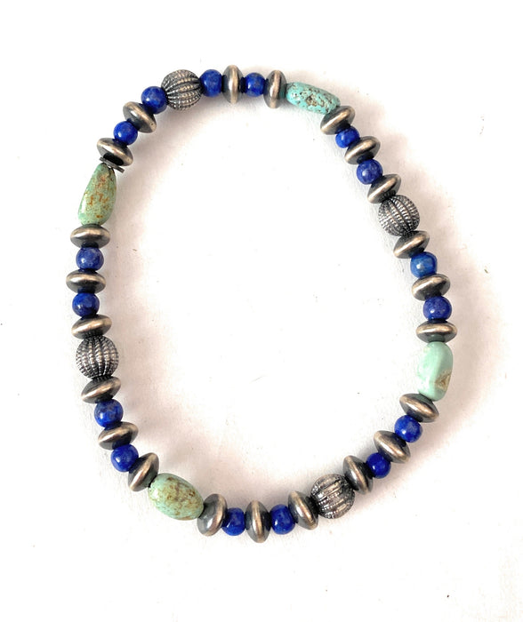 Handmade Turquoise, Lapis & Sterling Silver Beaded Stretch Bracelet