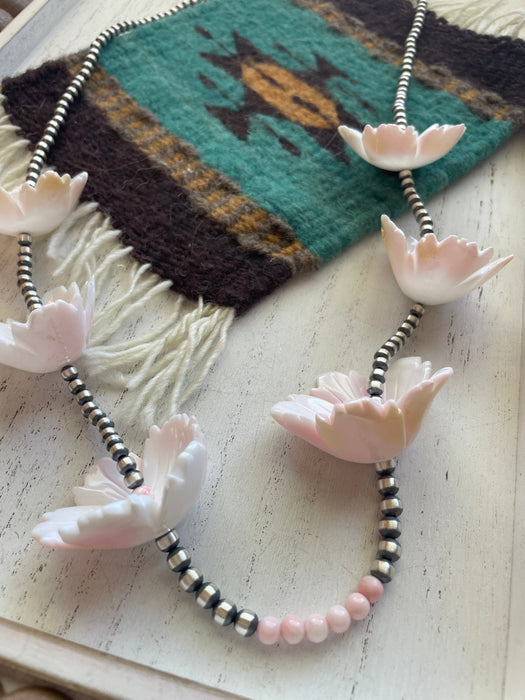Navajo Pink Conch & Sterling Silver Flower Beaded Necklace 36” - Culture Kraze Marketplace.com
