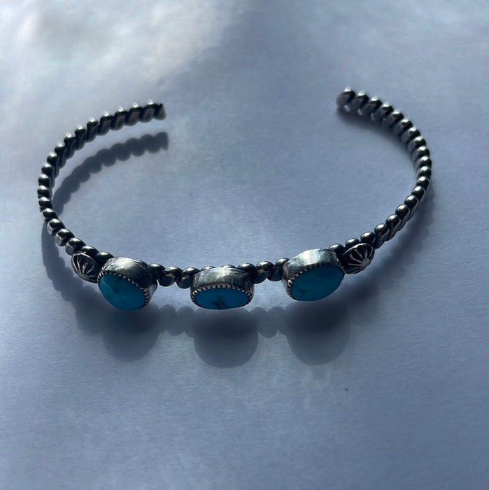 Navajo 3 Stone Adjustable Sterling & Turquoise Cuff Bracelet