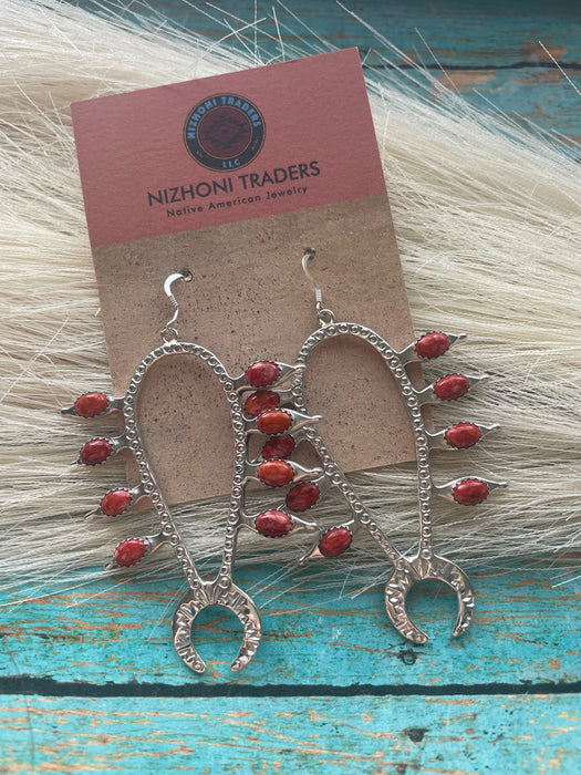 Navajo Sterling Silver & Red Spiny Squash Blossom Dangle Earrings Signed