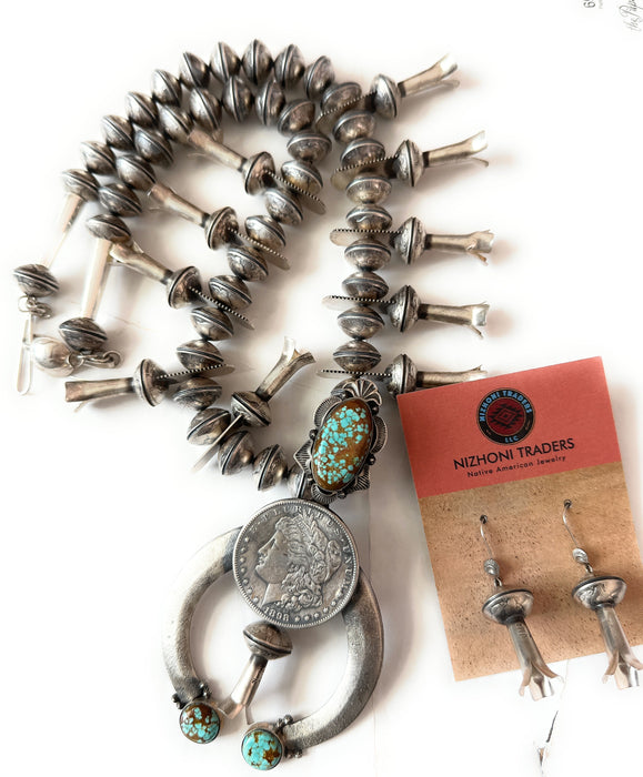 Navajo James McCabe Turquoise & Sterling Silver Liberty Coin Squash Blossom Necklace Set