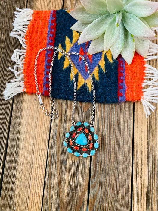 Handmade Sterling Silver, Turquoise & Coral Cluster Necklace