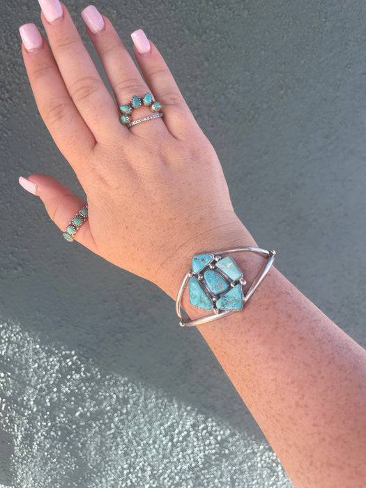 “The Jessi 2” Navajo Turquoise & Sterling Cluster Adjustable Cuff By J Begay