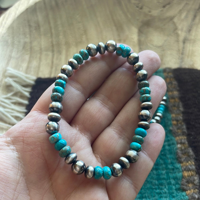 Navajo Sterling Silver & Turquoise Beaded Stretch Bracelet