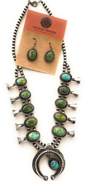 Navajo Sonoran Gold Turquoise & Sterling Silver Squash Blossom Necklace Set