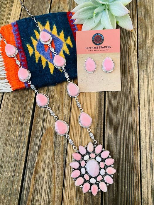 Navajo Pink Conch And Sterling Silver Necklace Earrings Set Signed Phyllis Smith