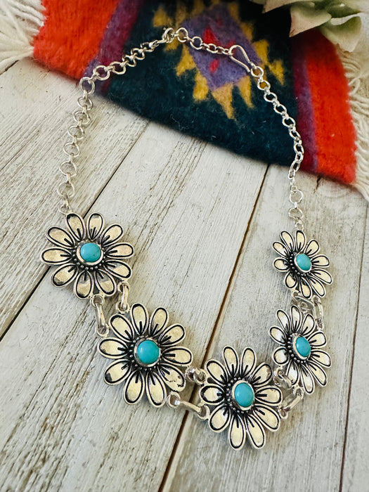 Handmade Turquoise & Sterling Silver Beaded Flower Necklace
