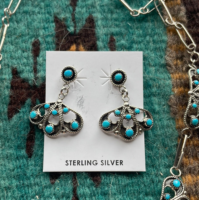 Zuni Sterling Silver & Turquoise Floral Necklace Earrings Set Signed